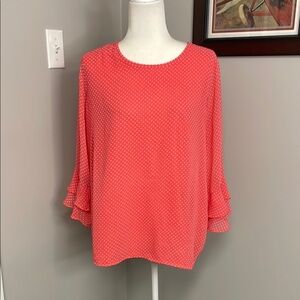 Valerie Stevens Coral Pink Polka Dot Top Long sleeve Ruffle Size Large